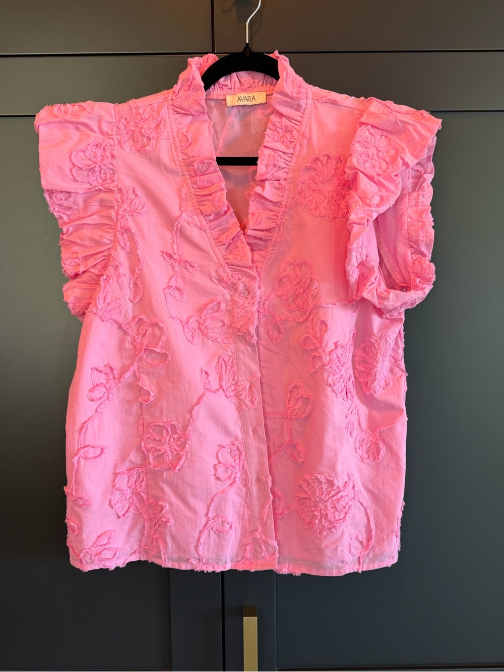 Avara Pink Ruffle-Trim Embroidered V-Neck Blouse